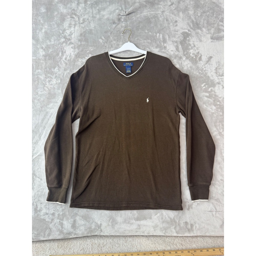 Polo Ralph Lauren Mens XL Brown Waffle Knit V-Neck Thermal Long Sleeve Shirt